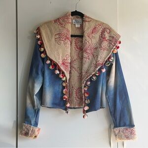 Petit Pois Denim Print Reversible Jacket with Pom Poms by Viviana Gabeiras